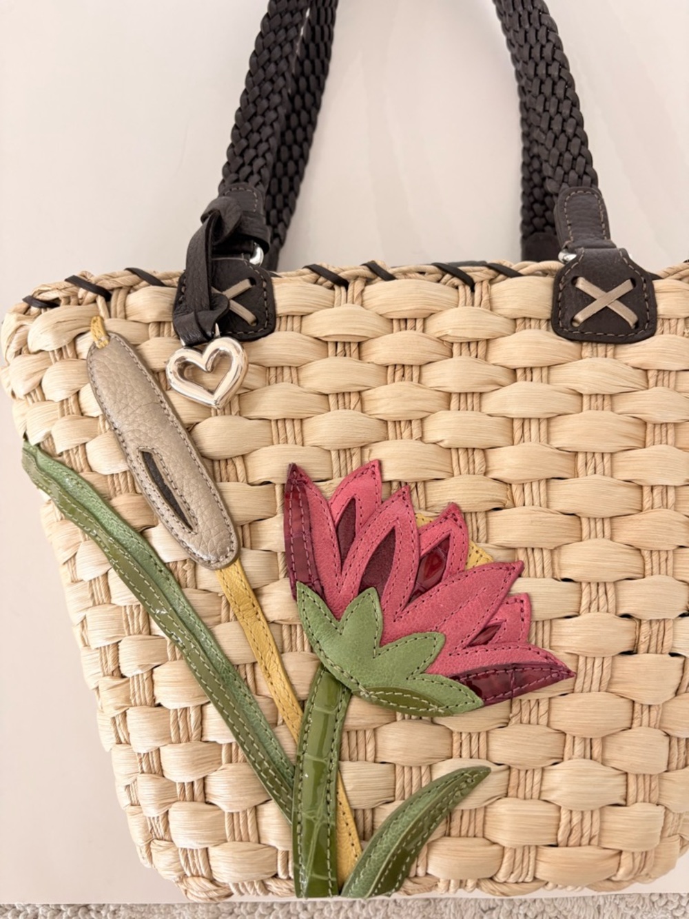 BRIGHTON Raffia Leather Floral Beach Tote Bag Coastal Vacay Natural Vacation EUC - Picture 2 of 16